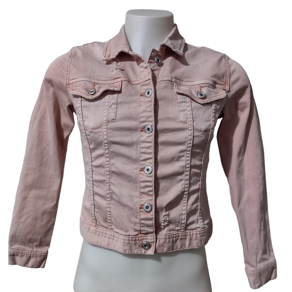Melrose and Market Denim Jacket Medium Womans Distressed Button Up Pockets Mauve